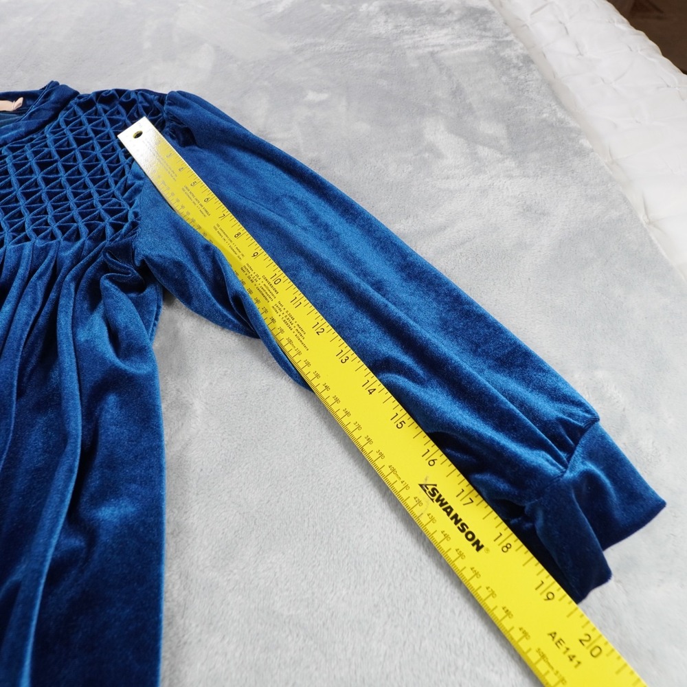 La Cera Womens Velour Bathrobe XL Blue Nightgown Kaftan Smocked Pockets Cozy - Picture 8 of 14